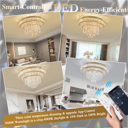 18" Gold Crystal Flush Mount Chandelier Modern LED Ceiling Light Fixture