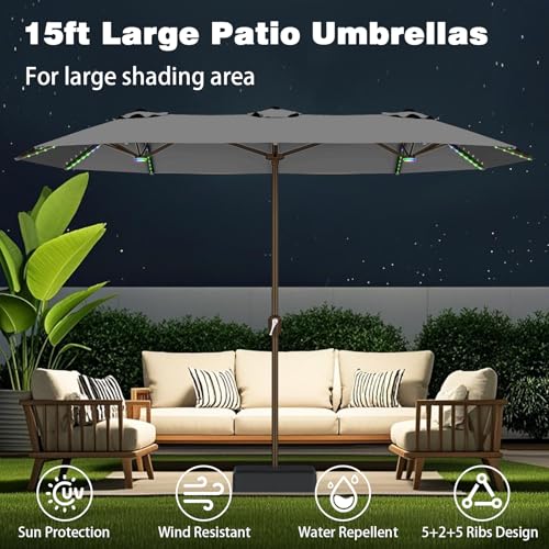 15FT Large Rectangular Patio Umbrella with Solar Lights