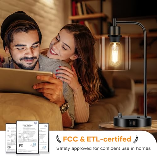 Industrial Table Lamp with USB A+C Ports and Outlet