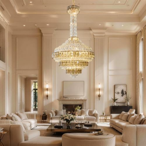 39 Inch Large Crystal Chandelier Gold Modern Light Fixture