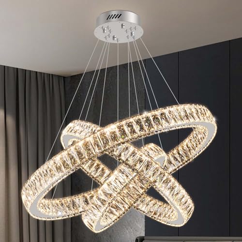 3 Rings Crystal Chandeliers 32"+24"+16" Crystal Ceiling Light Fixture Pendant Lighting Hanging Lamp for Living Room LED Dimmable 3000