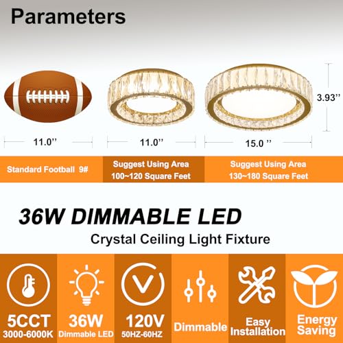 15 Inch Gold Dimmable Crystal LED Flush Mount Ceiling Light