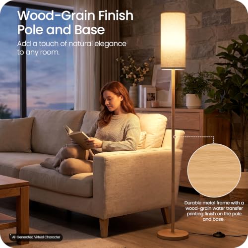 Wooden Textured Tall Slim Floor Lamp for Living Room with Remote and Foot Switch
