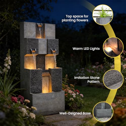 48" Modern Grid Outdoor Water Fountain with Led Light