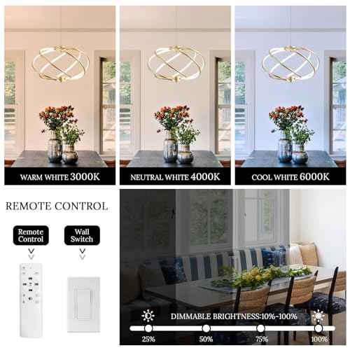 Gold Modern Chandelier with Remote Control, 48W 3-Color Temperature Dimmable LED Chandelier for Dining Room, Hanging Adjustable Pendant Light for Living Room Kitchen Foyer Entryway