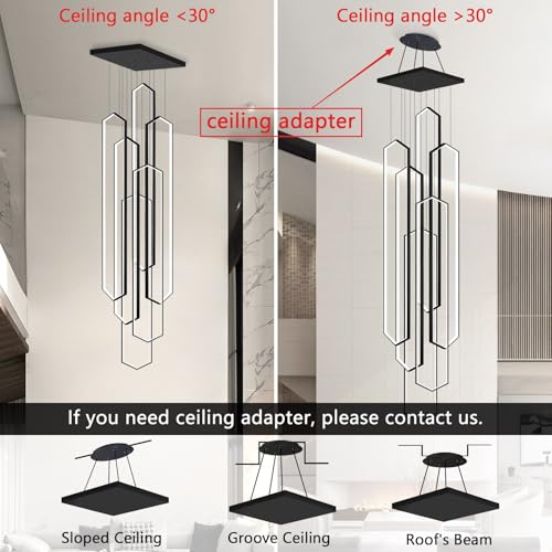 6 Rings Black Modern Long Large Chandelier Dimmable LED High Ceiling Chandelier for Living Room Foyer Staircase Enterway Hanging Light Fixture Modern Ceiling Light