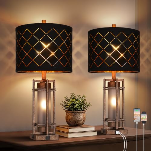 Vintage Finish Table Lamp Set of 2 with USB Ports (2 Count)