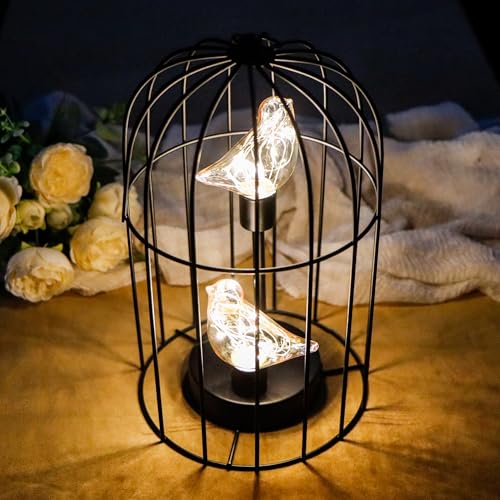 Birdcage Decorative Lamp Battery Operated 12" H Cordless Table Lamp with Warm White Fairy Lights Bird Bulb for Indoor Bedroom Living Room Home Wedding Xmas