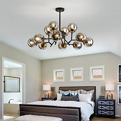 12-Light Mid-Century Modern Black Sputnik Chandelier with Glass Globe