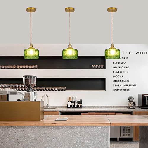 Single Glass Pendant Light Green Striped Glass Shade Brushed Brass Gold Pendant Lights Fixture Farmhouse 1