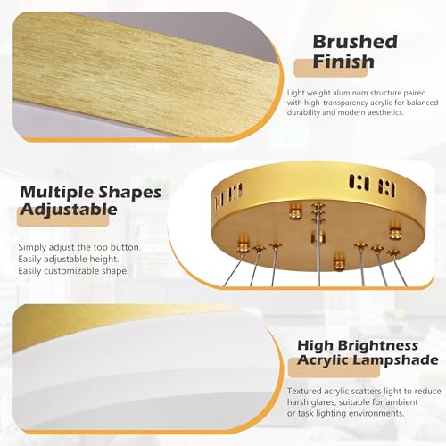 31.5" 3 Ring Modern Led Pendant Light Gold Modern Led Chandelier Contemporary Ring Chandeliers Dimmable Chandeliers Color Temperature Adjustable Height Hanging Chandelier for Living Room
