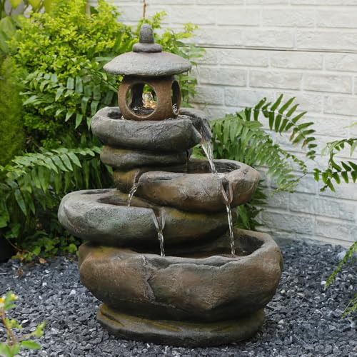 25.2" H 4 Tiered Pagoda and Imitation Rock Outdoor Water Fountain