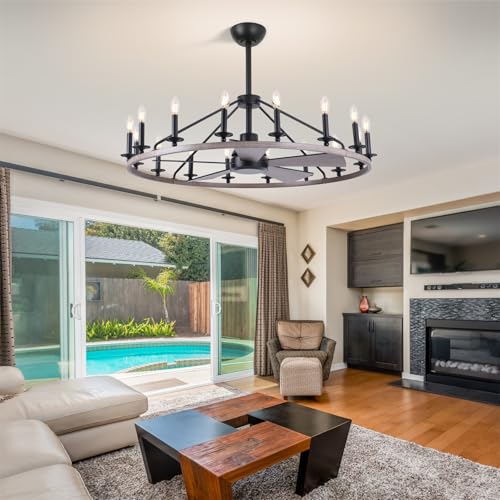44" Wagon Wheel Chandelier with Fans