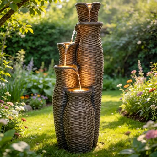 33" Faux Rattan Vase Water Fountain Outdoor with Warm LED Lights