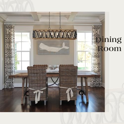 L39.4 Rustic Farmhouse Rectangle Chandelier for Dining Room Kitchen Island Lights Cage Pendant Light Fixture Black and Brown Metal Hanging Lighting Retro Vintage Linear Chandeliers 6