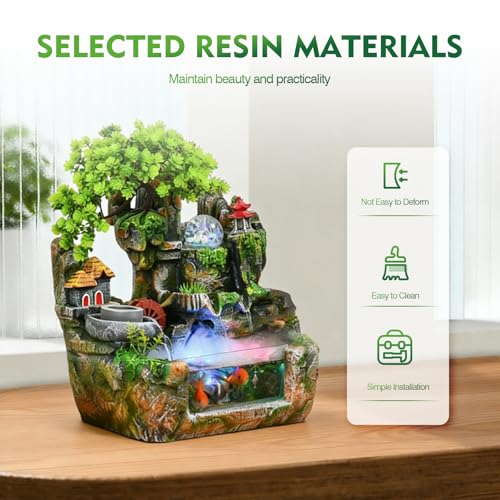 Upgraded Resin Tabletop Waterfall Fountain with LED Mist & DIY Rockery Landscape