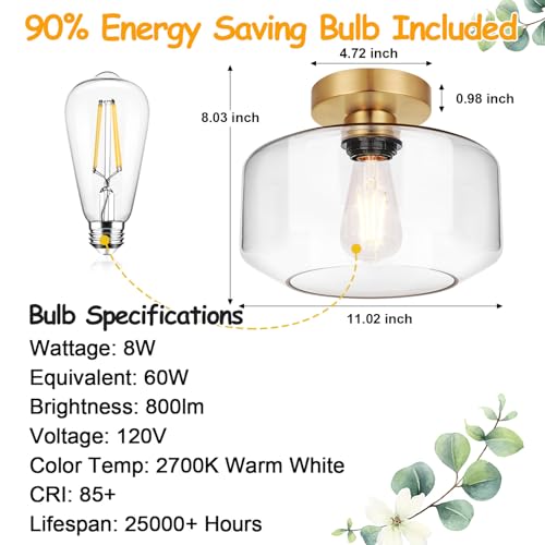 Industrial Semi Flush Mount Ceiling Light Brushed Gold