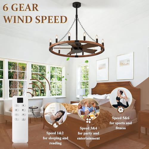 Rustic Wagon Wheel Chandelier with Fan Farmhouse Ceiling Fan Light 12