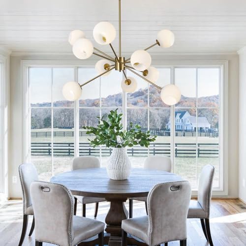 White Milk Glass Hanging Chandelier 10 Lights Mid Century Modern Globe Sputnik Chandelier Gold Pendant Light Fixture Frosted Glass Large Adjustable Dining Room Ball Hanging Chandelier