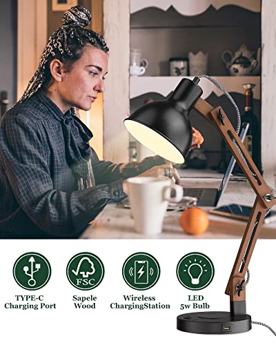 Modern Sapele Wood Desk Lamp with Upgraded Wireless Charger & USB C Charging Port Swing Arm Table Lamp Bedside Reading Task Light for Dorm Office Bedroom Living Room LED Bulb Included Black