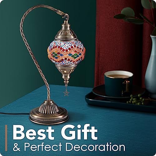 Turkish Moroccan Lamp with Bronze Base 3 Color Options Handmade Swan Neck Mosaic Glass Bedside Lamps for Bedroom