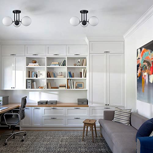 Modern Black Semi Flush Mount Ceiling Light with White Globe