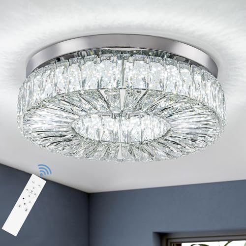 16.5 Inch Dimmable Chandelier with Remote Control LED Crystal Chandelier Modern Flush Mount Ceiling Light Fixtures for Living Room Bedroom Dining Room Entrance