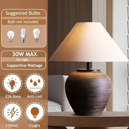 19.6'' Farmhouse Round Ceramic Table Lamp Rustic Retro Desk Lamp Brown Check Body with Off