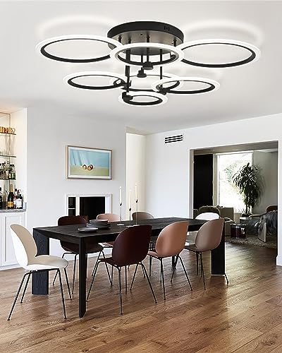 Modern LED Ceiling Light 7 Rings Dimmable Fixtures with Remote Black Close to Ceiling Light 31.8" 130W 3000K