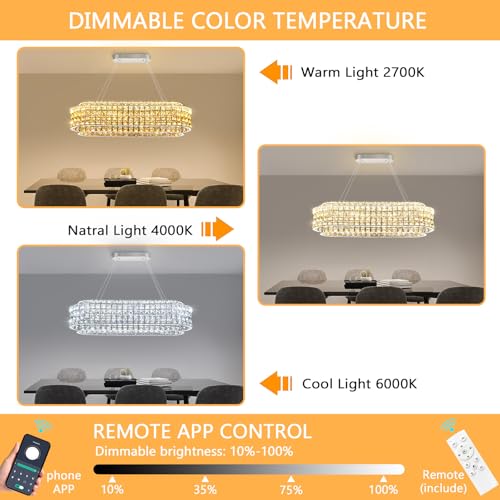 L32 x W12 Modern Chandeliers for Dining Room LED Dimmable Pendant Lighting Ceiling Chandelier Crystal Rectangle Light Fixtures Silver