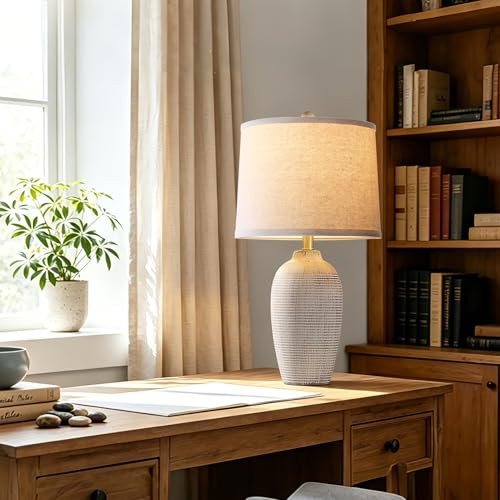 25" Vintage Ceramic Table Lamp for Bedroom Living Room (Retro Beige)