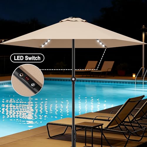 Patio Umbrella 9FT Solar Lights Push Up Outdoor Market Umbrella Red