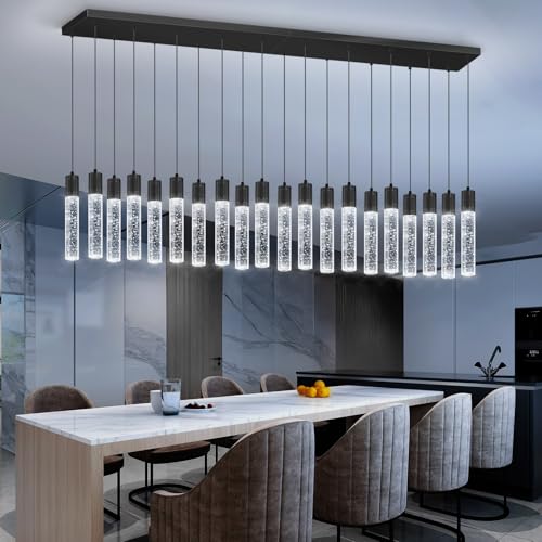 20 Lights Modern Crystal Rectangular Chandeliers LED Pendant Light for Kitchen Island High Ceiling Chandelier for Dining Room Entrance Foyer Living Room Black