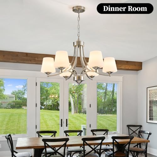 6 Light Brushed Nickel Chandeliers for Dining Room with Frosted Glass Farmhouse Silver Ceiling Hanging Lighting Fixtures Classic Pendant Lamp for Living Room