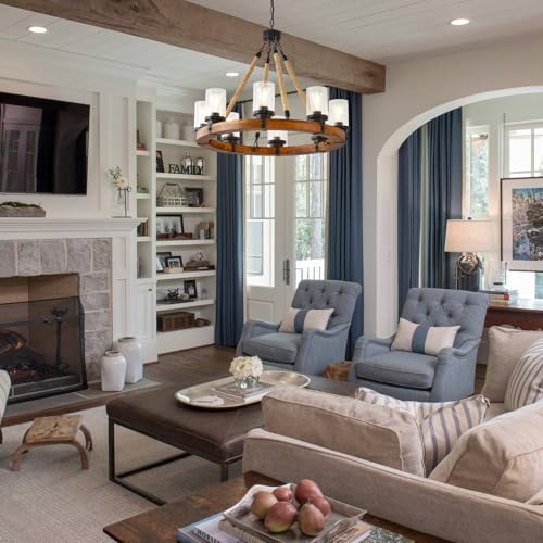 9 Light Round Wagon Wheel Chandelier Farmhouse Rustic Pendant Light Fixture with Seeded Glass Shades