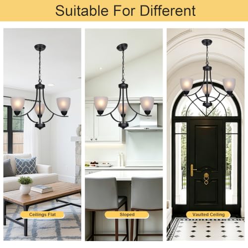 3 Light Shaded Contemporary Chandeliers with Alabaster Glass Black Rustic Light Fixtures Ceiling Hanging Mid Century Modern Pendant Lighting for Bed Room Dining Room Foyer Living Room