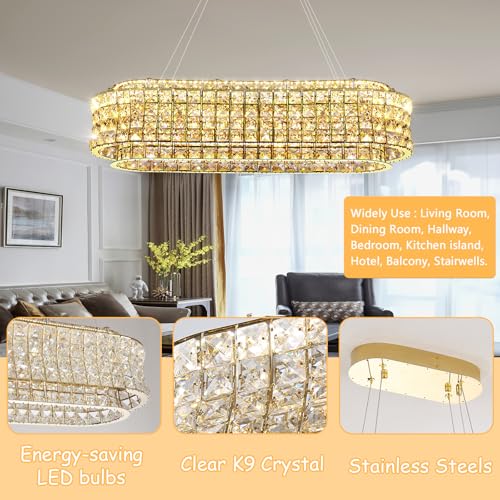 L32 x W12 Modern Chandeliers for Dining Room LED Dimmable Pendant Lighting Ceiling Chandelier Crystal Rectangle Light Fixtures Gold