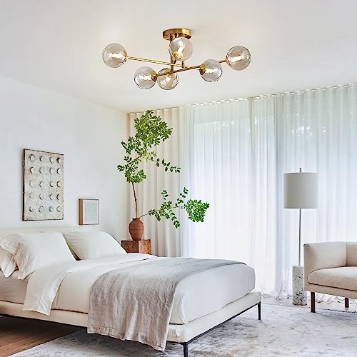 Modern 6 Lights Globe Sputnik Flush Mount Ceiling Light Fixture Mid Century Gold Metal Semi Flush Mount Ceiling Light Farmhouse Smoke Gray Glass Bedroom Ceiling Lamp