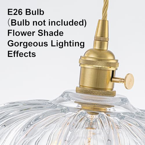 EDSILIVE Vintage Flower Glass Pendant Lights Kitchen Island 9.84" Antique Flower Clear Glass Hanging Ceiling Light Fixture with Adjustable Brass Twine Wire for Dining Room Kitchen Table