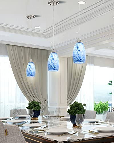 Mini Pendant Lights Kitchen Island White Blue Glass Lamp Shade Hand Blown Glass Pendant Light with Brush Nickel Finish Adjustable Cord for Kitchen Over Sink Hallway