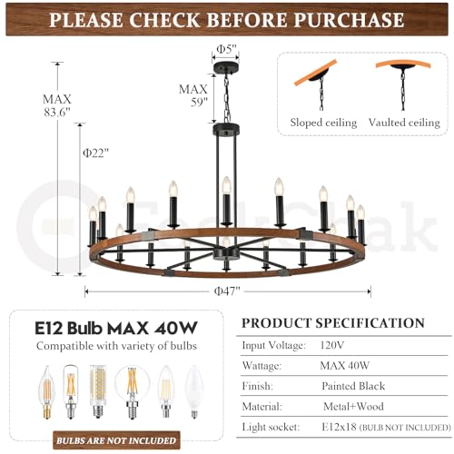 Farmhouse Walnut Wood Wagon Wheel Chandelier 47" 18 Light Round Chandeliers
