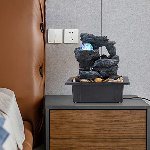 Table Top Fountain Spin Ball Rock Waterfall Fountain Office Table Top Fountain Includes Many Natural River Rocks Decorated with Colorful Lights and Rollers 9.05" L x 6.95" W x 10.25" H