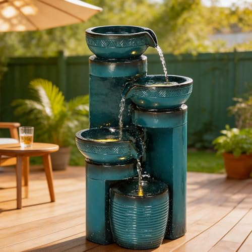 AUTODAYA 19.3" Faux Ceramic Outdoor Water Fountain with LED Lights