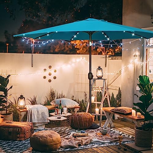 9 ft Solar Umbrella 32 LED Lighted Patio Umbrella Table Market Umbrella with Tilt and Crank Outdoor Umbrella for Garden