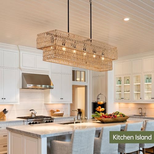 6 Light Boho Rattan Chandeliers for Dining Room