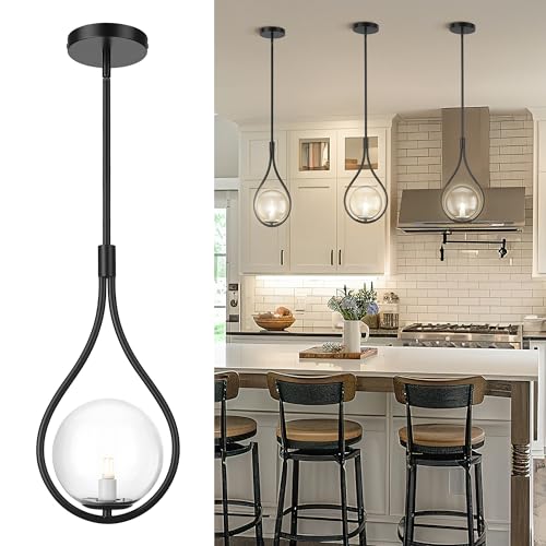 1 Light Black Pendant Lights Kitchen Island with Clear Globe Glass