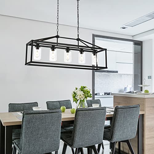 Kitchen Island Lighting 5 Light Modern Farmhouse Metal Cage Chandeliers with Clear Glass Shade Black Industrial Rectangle Dining Room Light Fixture Hanging Pendant Lamp for Foyer Bar Entryway