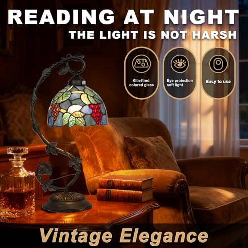 Tiffany Style Table Lamp Tulip Style Stained Glass Desk Light 8x10x21 Inch Bronze Metal Leaf Base Vintage Art Deco Desk Lamp for Bedroom
