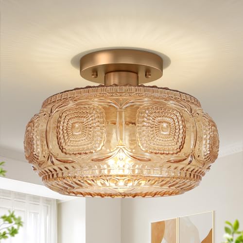 11" Mid Century Glass Semi Flush Mount Ceiling Light Fixture Amber