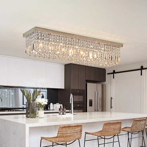 Crystal Chandelier for Dining Room 39.3" Modern Gold K9 Crystal Rectangle Chandeliers Flush Mount Pendant Light Fixture Kitchen Island Bar Dining Room Bedroom Bathroom Hotel